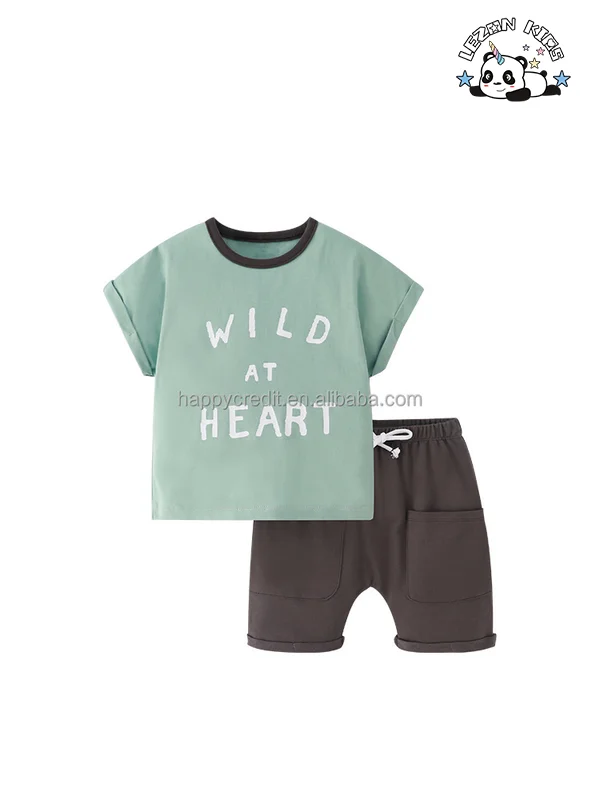 LEZONKIDS - New Customize Boys Clothes Set  Printed Round Neck Short-sleeved Elastic Guard Trousers Two-piece Set  in Summer
